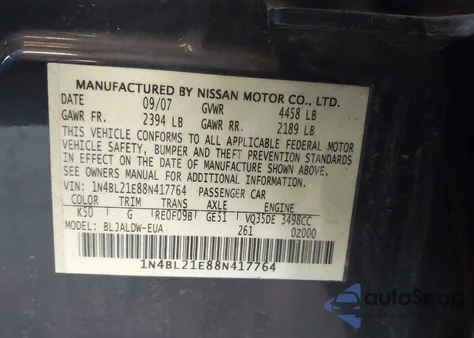 2008 Nissan Altima 3.5 Se из США, поврежденный, VIN 1N4BL21E88N417764